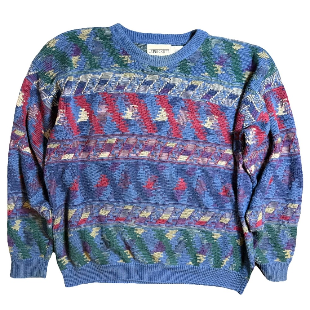 Vintage J.T. Beckett Sweater Mens XL Multicolor Geometric Knit Pullover 90's